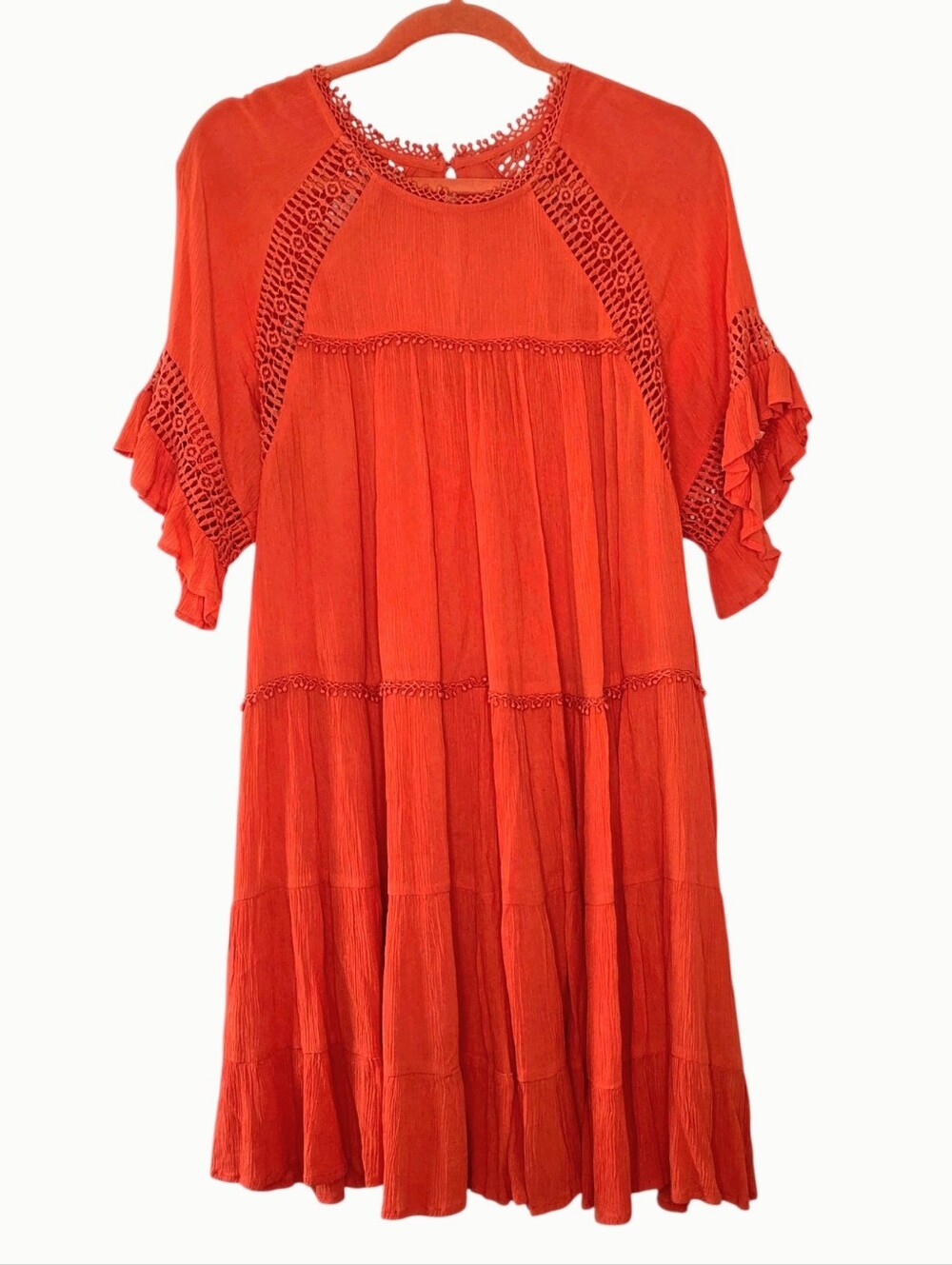 Patrons of Peace Boho Tiered Las Palmas Dress Size M Crochet Details Gauzy Boho